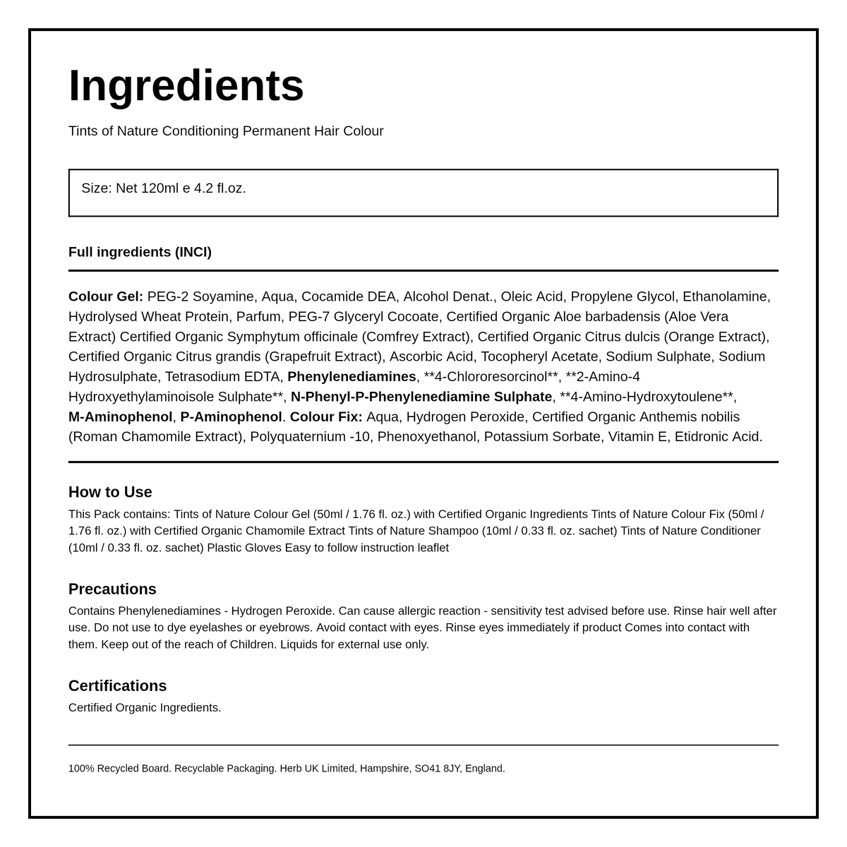 Tints of Nature 10N Natural Platinum Blonde — ingredients (INCI) panel, generated from the pack