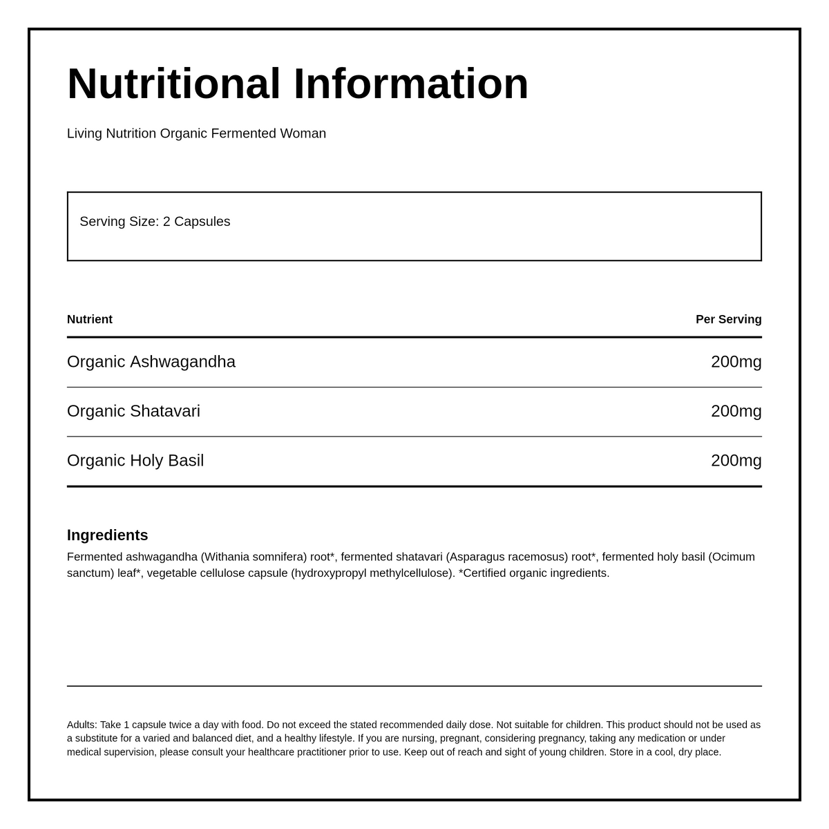 Living Nutrition Organic Fermented Woman 60 caps — nutrition information panel, generated from the pack