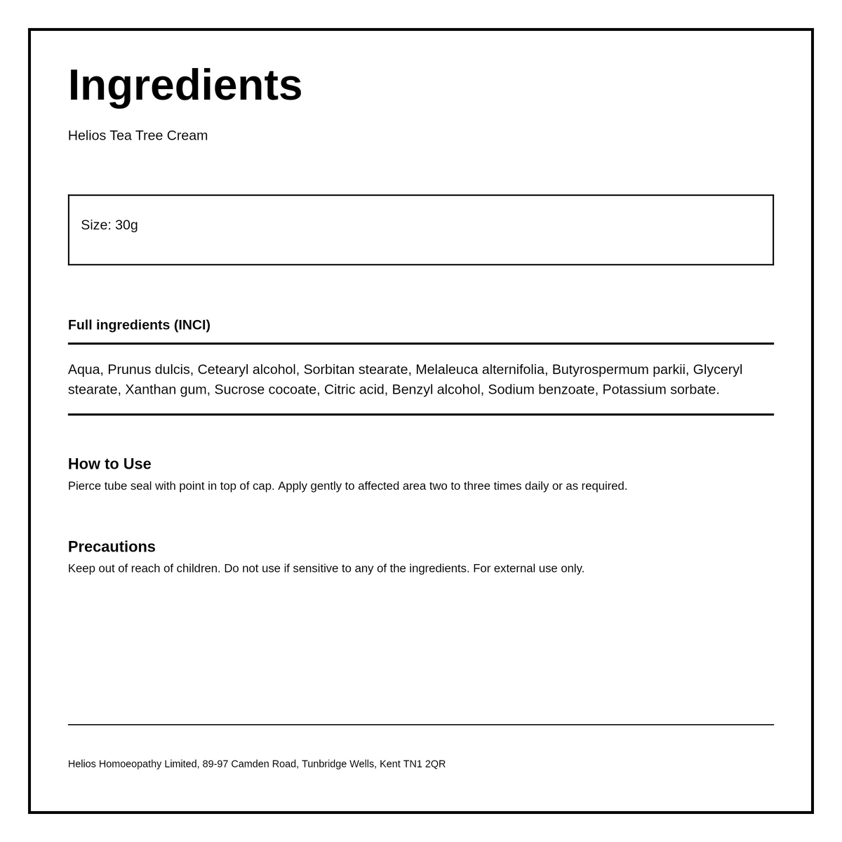 Helios Tea Tree Cream — ingredients (INCI) panel, generated from the pack