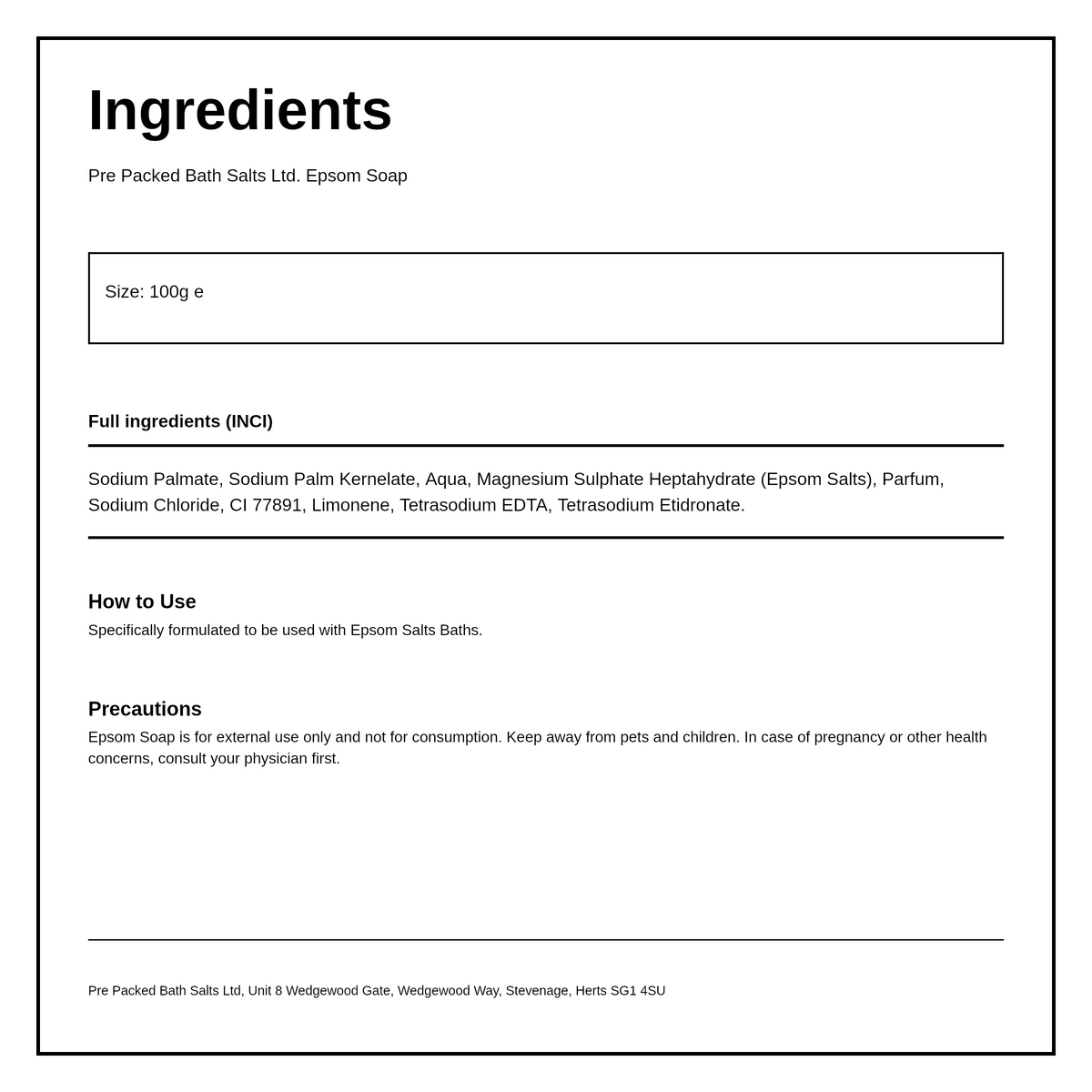 Epsom Salts Company Epsom Soap — ingredients (INCI) panel, generated from the pack