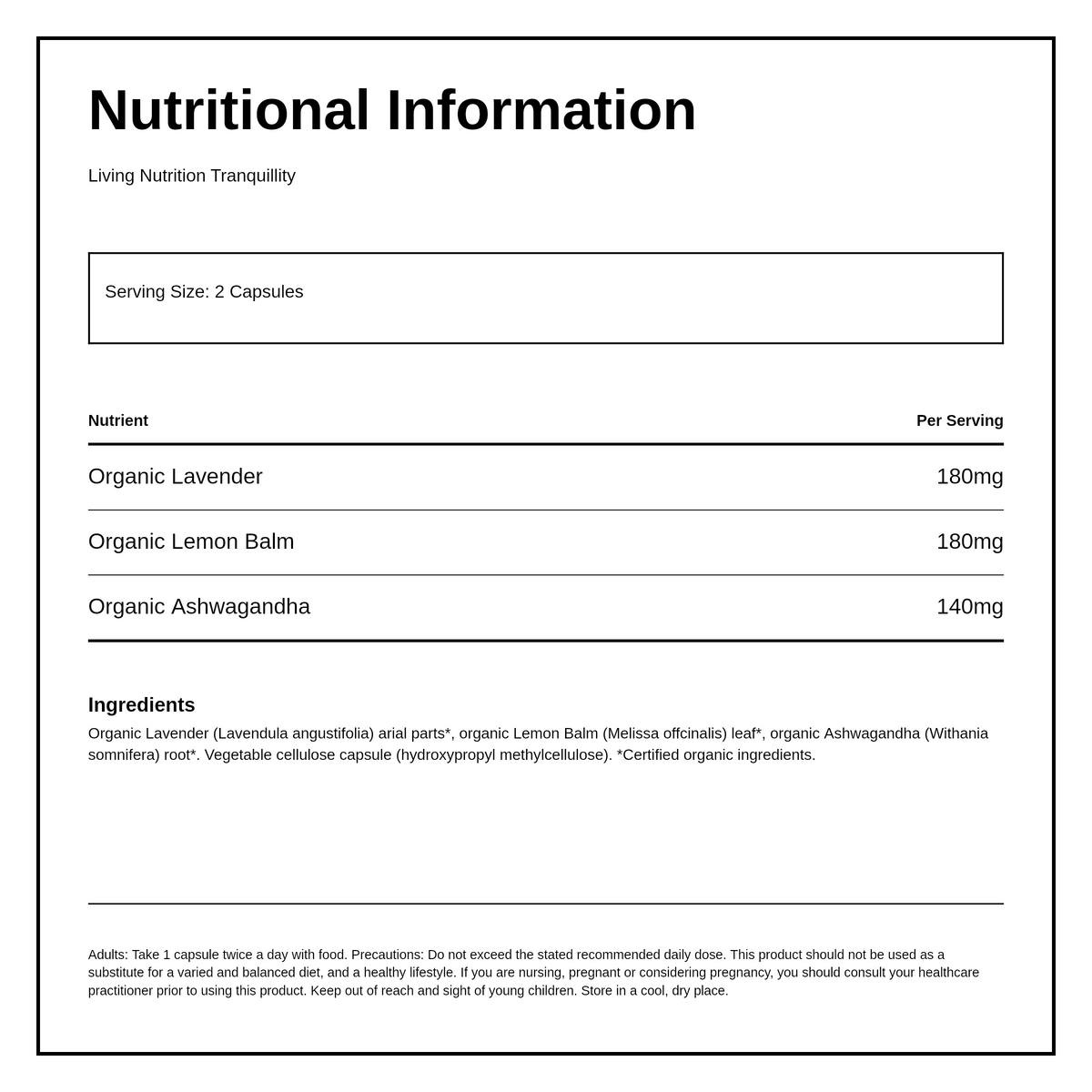 Living Nutrition Organic Fermented Tranquillity — nutrition information panel, generated from the pack