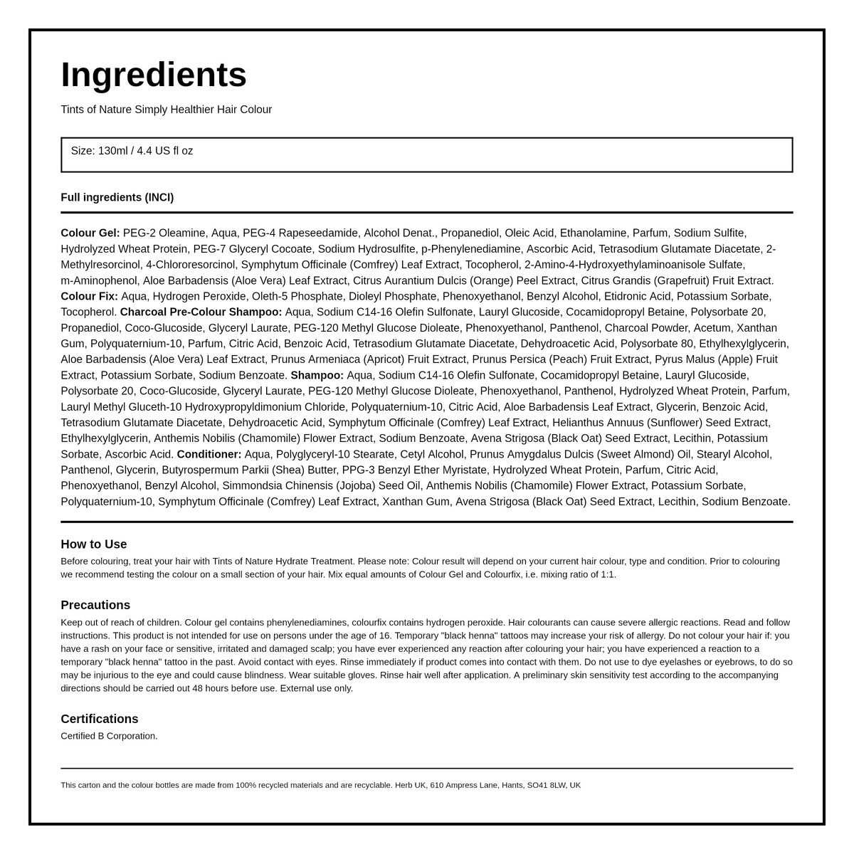 Tints of Nature 7N Natural Medium Blonde — ingredients (INCI) panel, generated from the pack