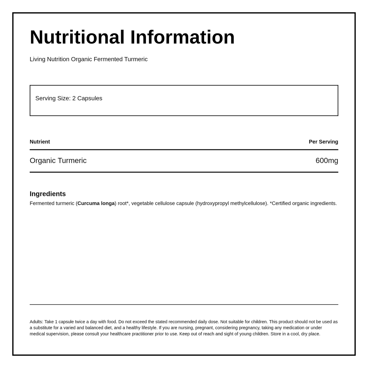 Living Nutrition Organic Fermented Turmeric — nutrition information panel, generated from the pack