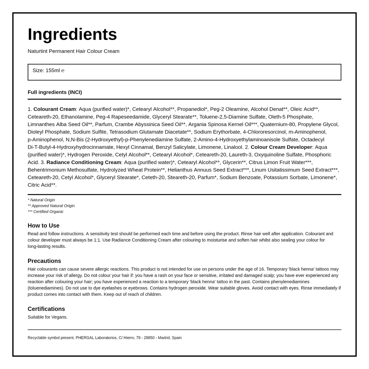 Naturtint Hair Colour Cream 3N Dark Chestnut Brown — ingredients (INCI) panel, generated from the pack