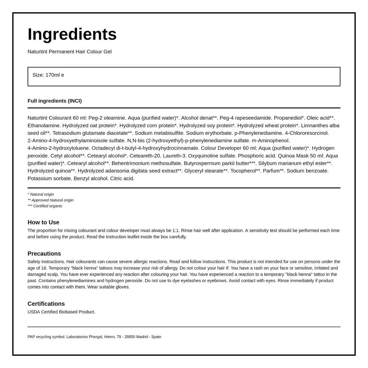 Naturtint Permanent Hair Colourant Natural Chestnut 4N 170ml — ingredients (INCI) panel, generated from the pack