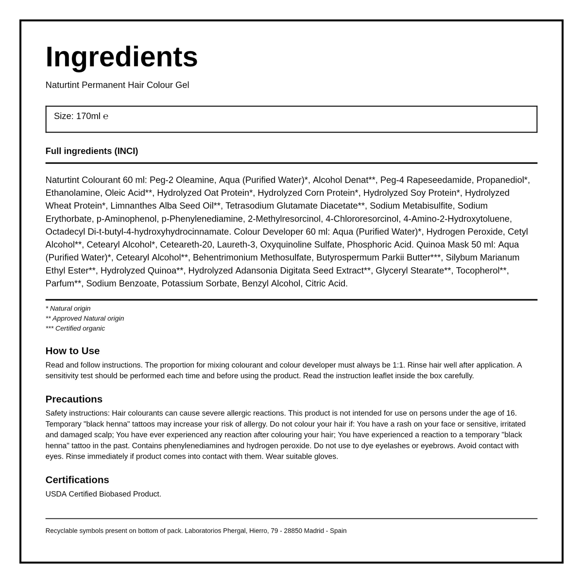 Naturtint Permanent Hair Colourant Honey Blonde 9N 170ml — ingredients (INCI) panel, generated from the pack