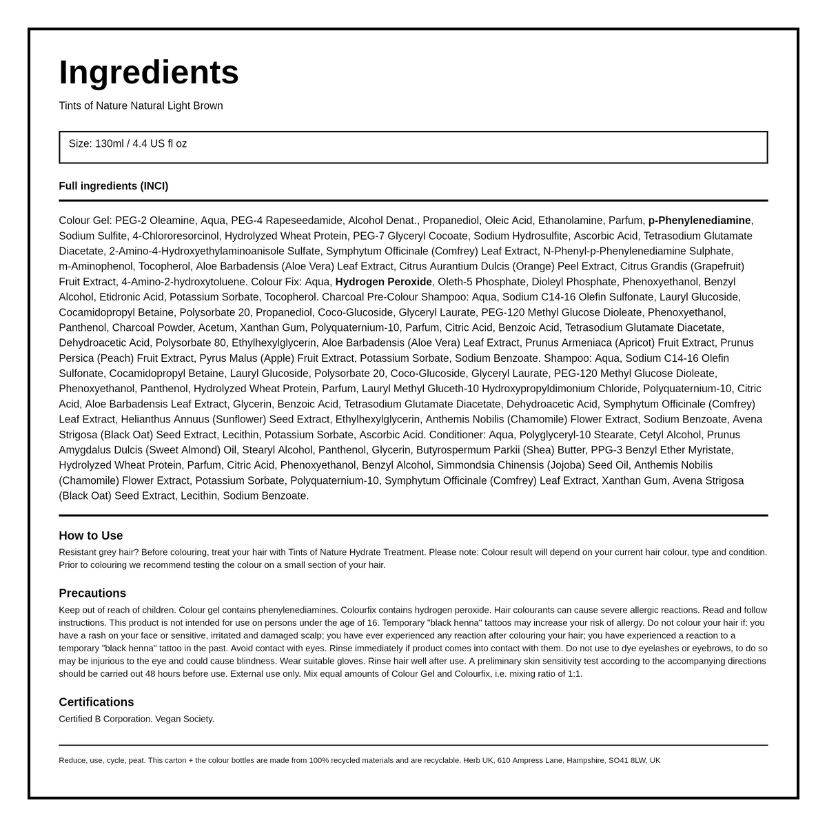 Tints of Nature 5N Natural Light Brown — ingredients (INCI) panel, generated from the pack