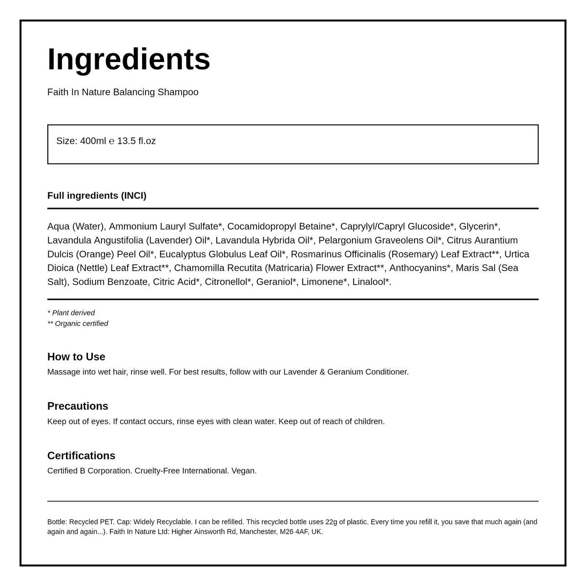 Faith in Nature Lavender & Geranium Shampoo — ingredients (INCI) panel, generated from the pack
