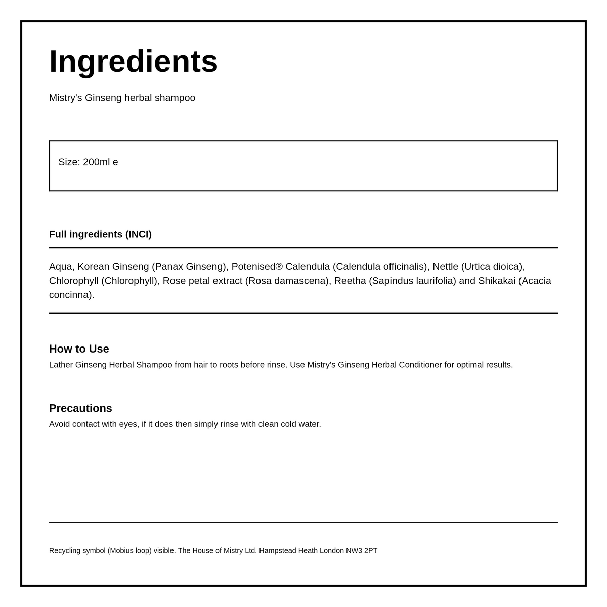 Mistry's Potenised Ginseng Herbal Shampoo — ingredients (INCI) panel, generated from the pack