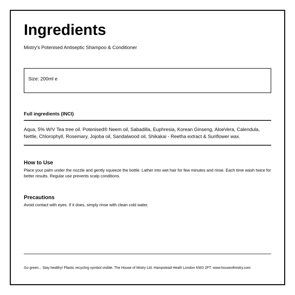 Mistry's Potenised 4MEE Antiseptic Shampoo & Conditioner — ingredients (INCI) panel, generated from the pack