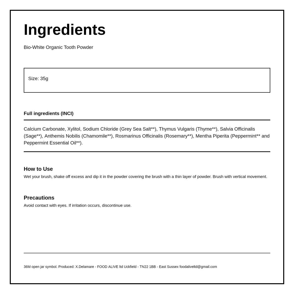 Bio-White Organic Tooth Powder Peppermint 35 g — ingredients (INCI) panel, generated from the pack