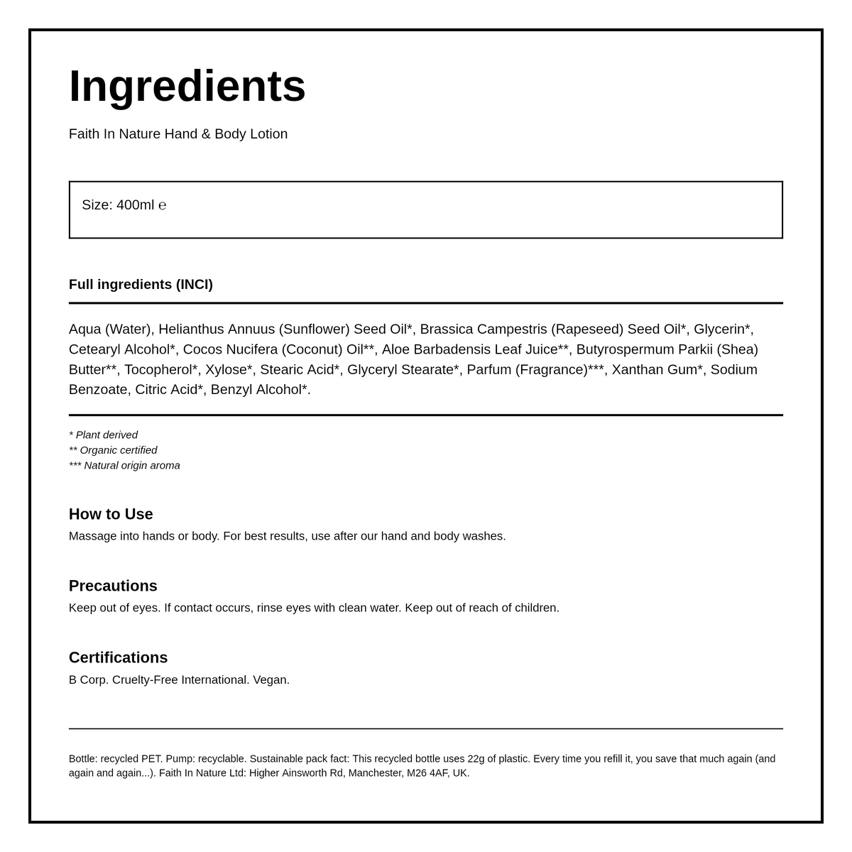 Faith in Nature Coconut Hand & Body Lotion — ingredients (INCI) panel, generated from the pack