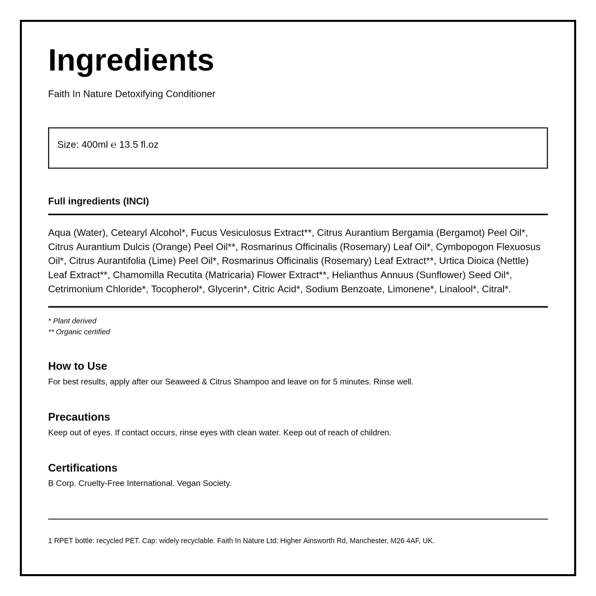 Faith in Nature Seaweed and Citrus Conditioner — ingredients (INCI) panel, generated from the pack