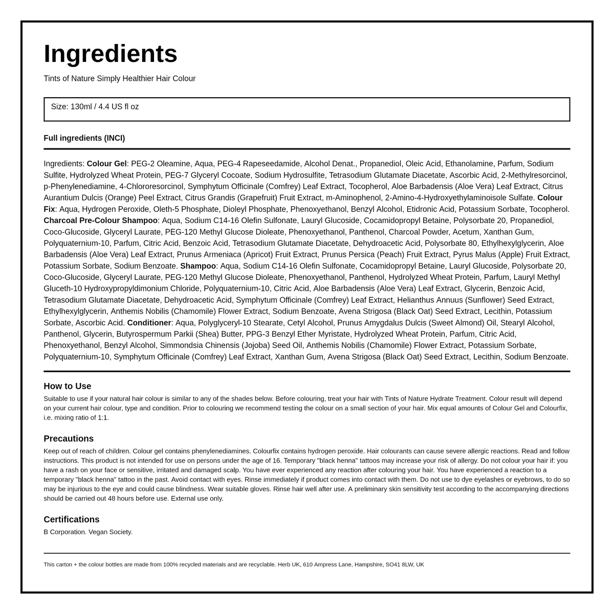 Tints of Nature 8N Natural Light Blonde — ingredients (INCI) panel, generated from the pack