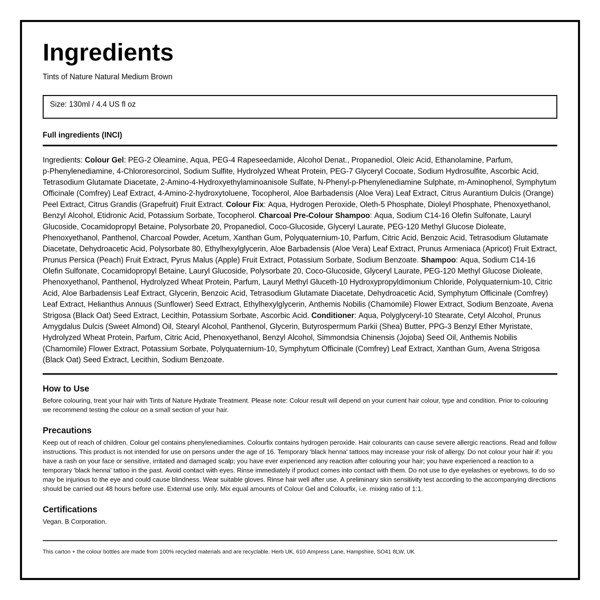 Tints of Nature 4N Natural Medium Brown — ingredients (INCI) panel, generated from the pack