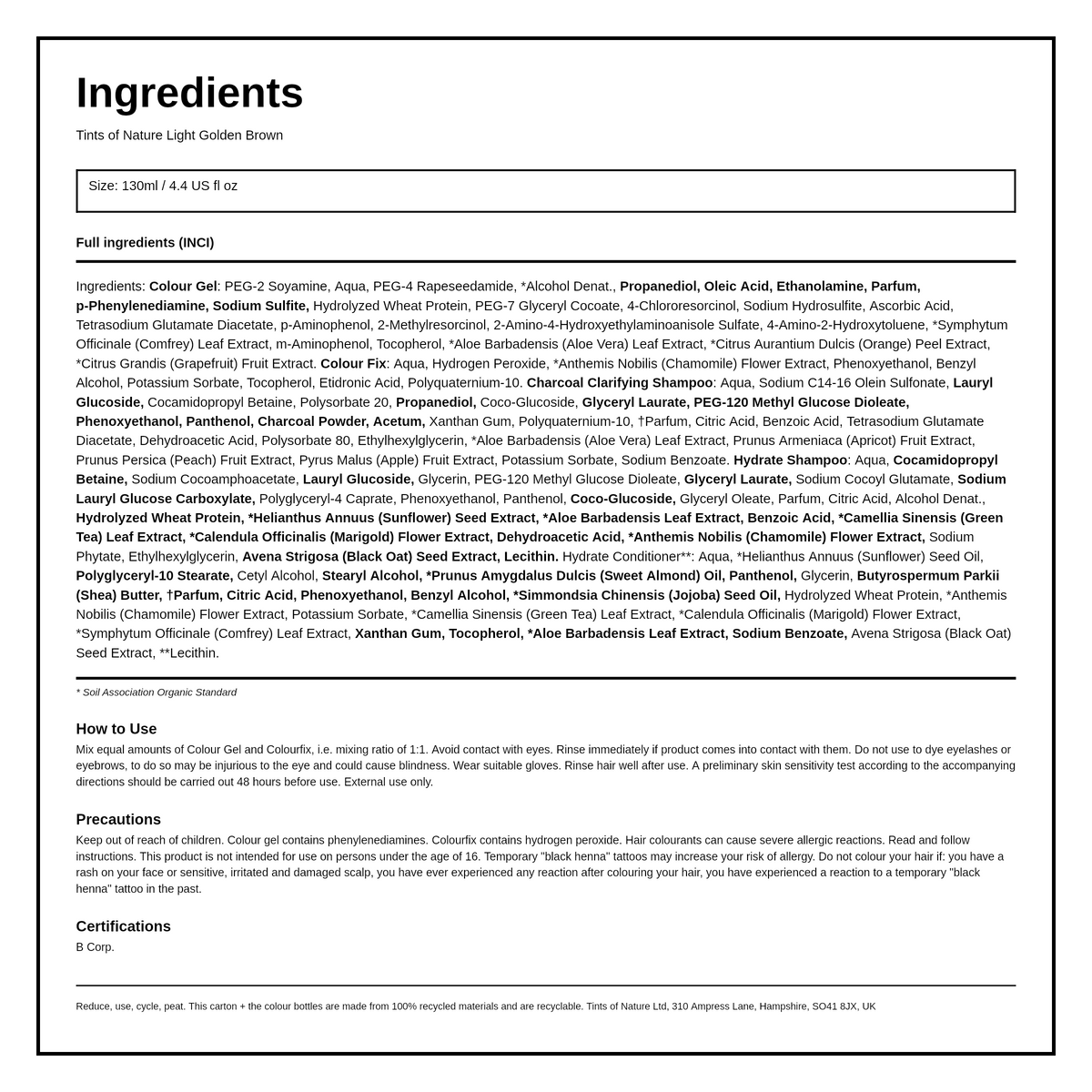 Tints of Nature 5D Light Golden Brown — ingredients (INCI) panel, generated from the pack