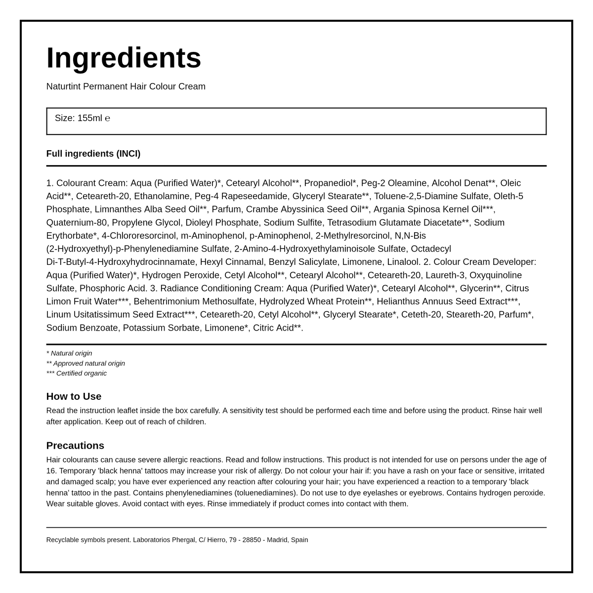 Naturtint Hair Colour Cream 4N Natural Chestnut — ingredients (INCI) panel, generated from the pack