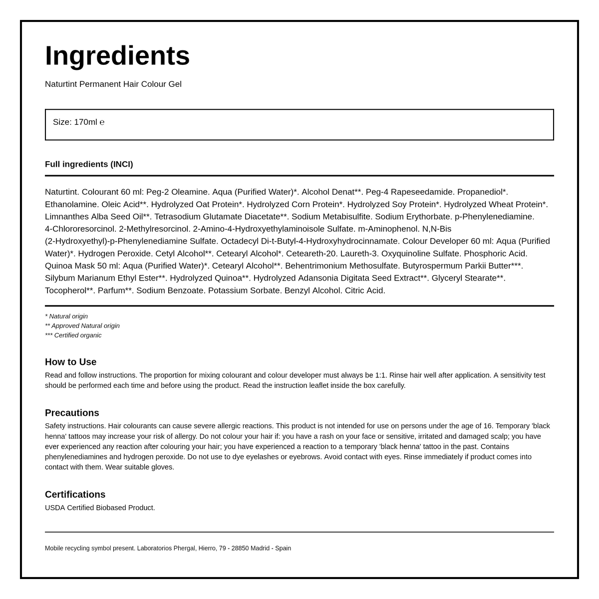 Naturtint Permanent Hair Colourant Dark Blonde 6N 170ml — ingredients (INCI) panel, generated from the pack