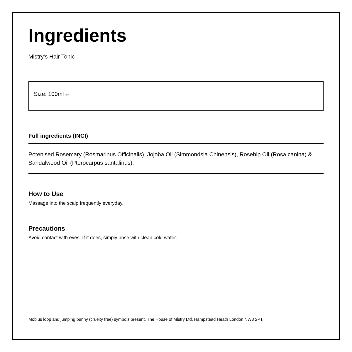 Mistry's Potenised Natural Hair Tonic — ingredients (INCI) panel, generated from the pack