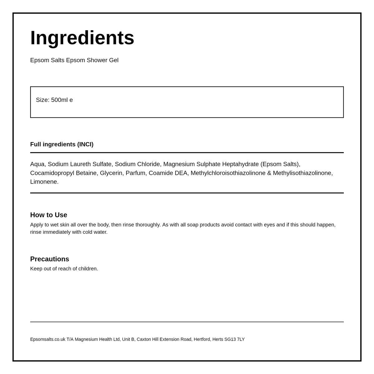 Epsom Salts Epsom Shower Gel — ingredients (INCI) panel, generated from the pack