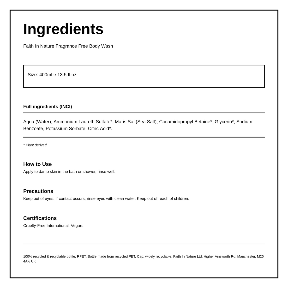 Faith in Nature Fragrance Free Body Wash — ingredients (INCI) panel, generated from the pack