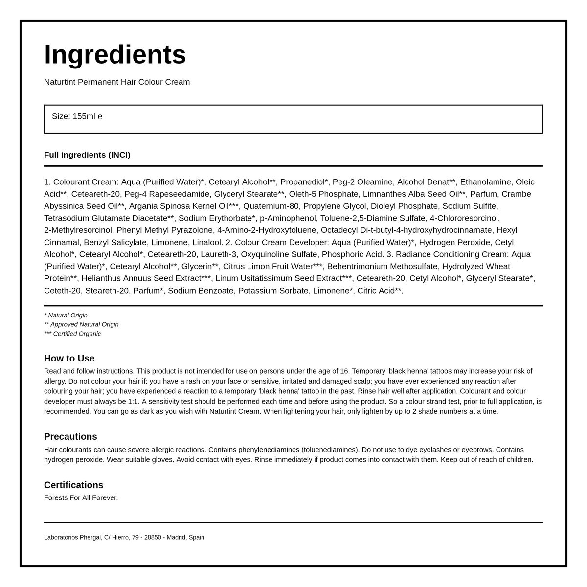 Naturtint Hair Colour Cream 7G Golden Blonde — ingredients (INCI) panel, generated from the pack