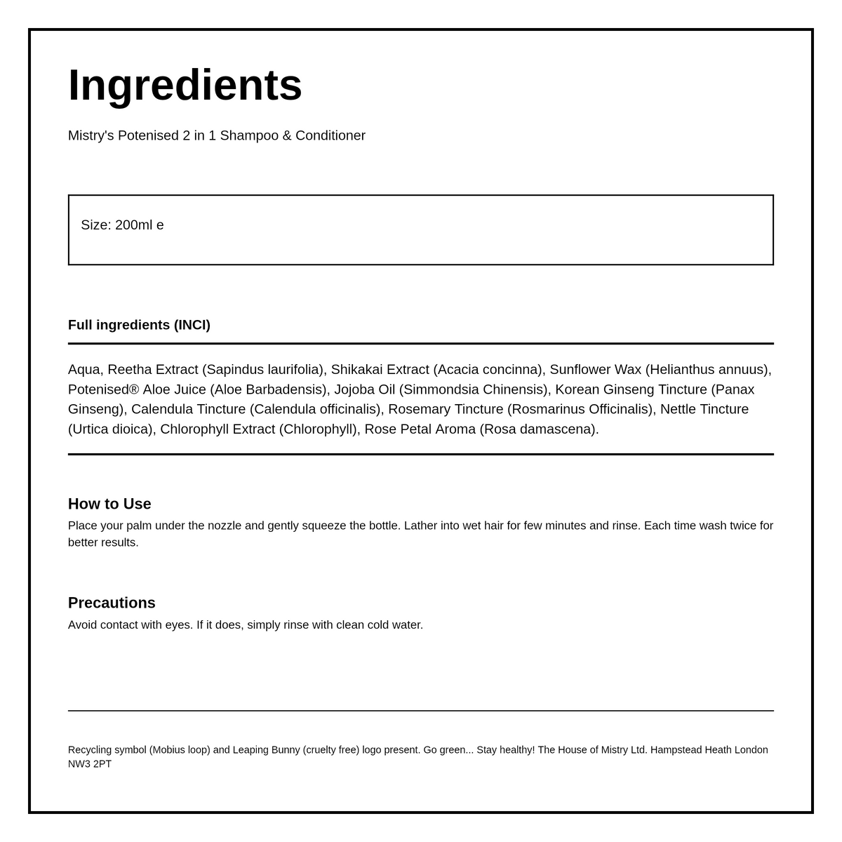 Mistry's Potenised Jinee 2 in 1 Shampoo & Conditioner — ingredients (INCI) panel, generated from the pack