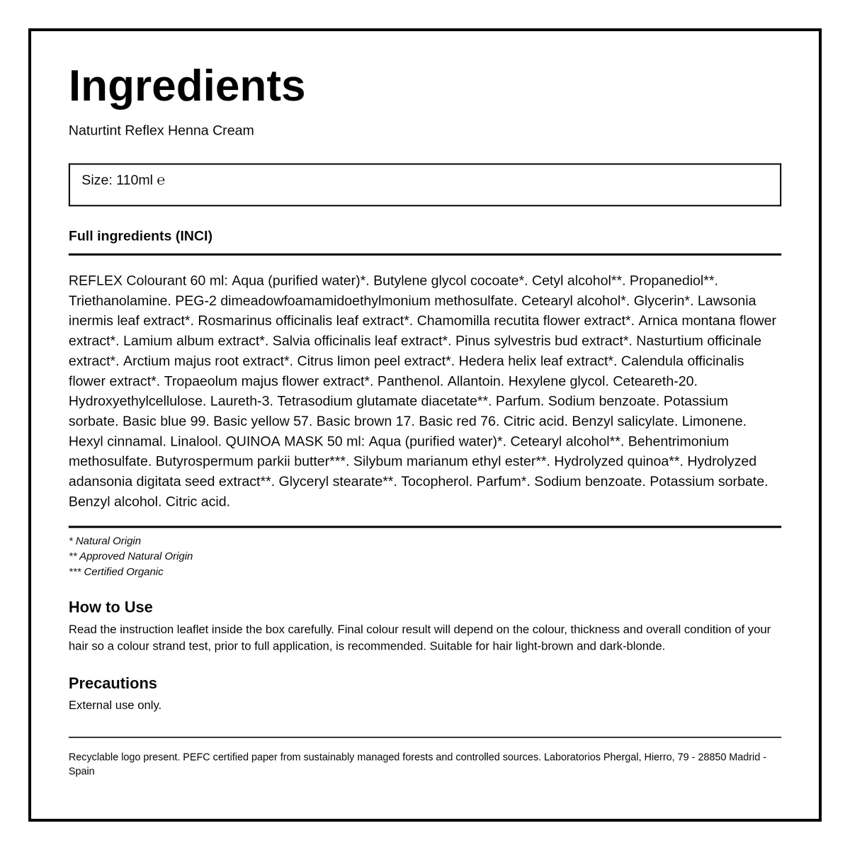 Reflex Naturtint Semi-Perm Colour - 5.0 Lt Chestnut Brown — ingredients (INCI) panel, generated from the pack