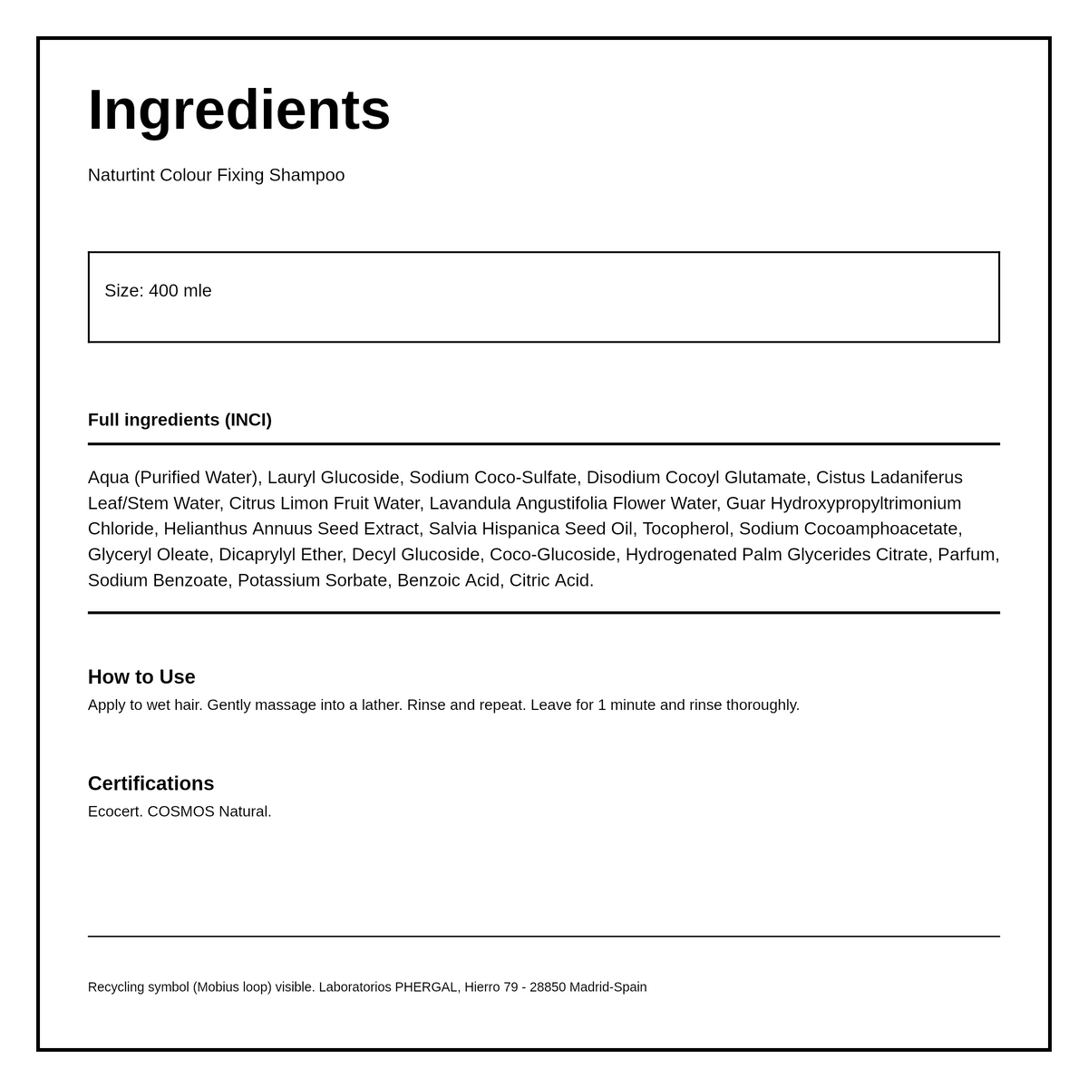 Naturtint Colour Fixing Shampoo — ingredients (INCI) panel, generated from the pack