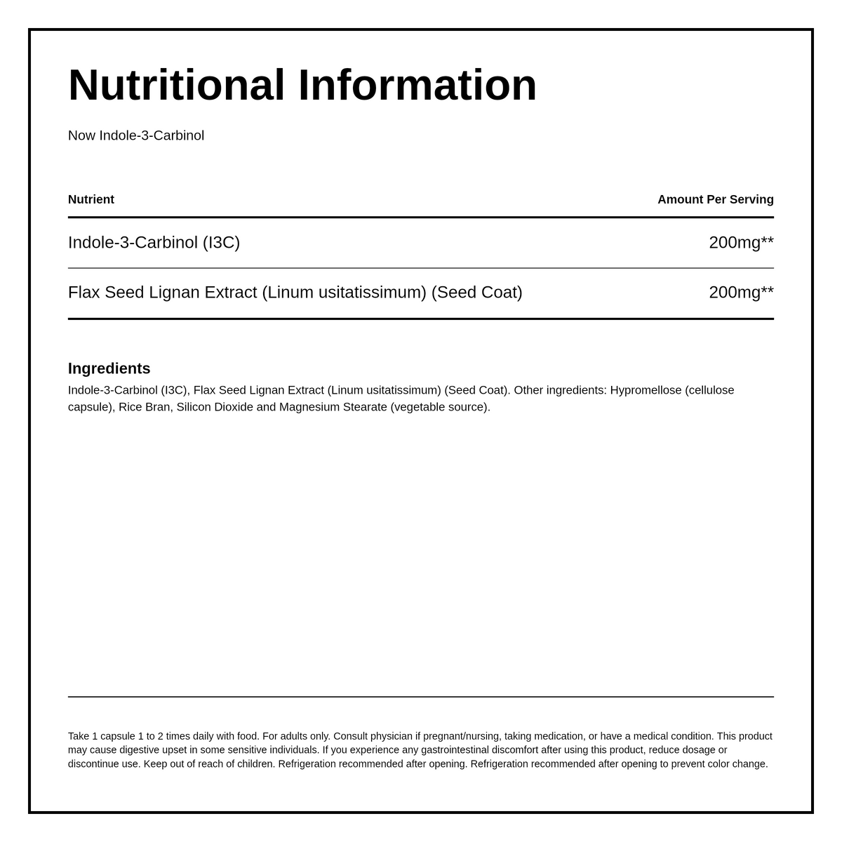Now Indol-3-Carbinol 200mg 60 vcaps — nutrition information panel, generated from the pack