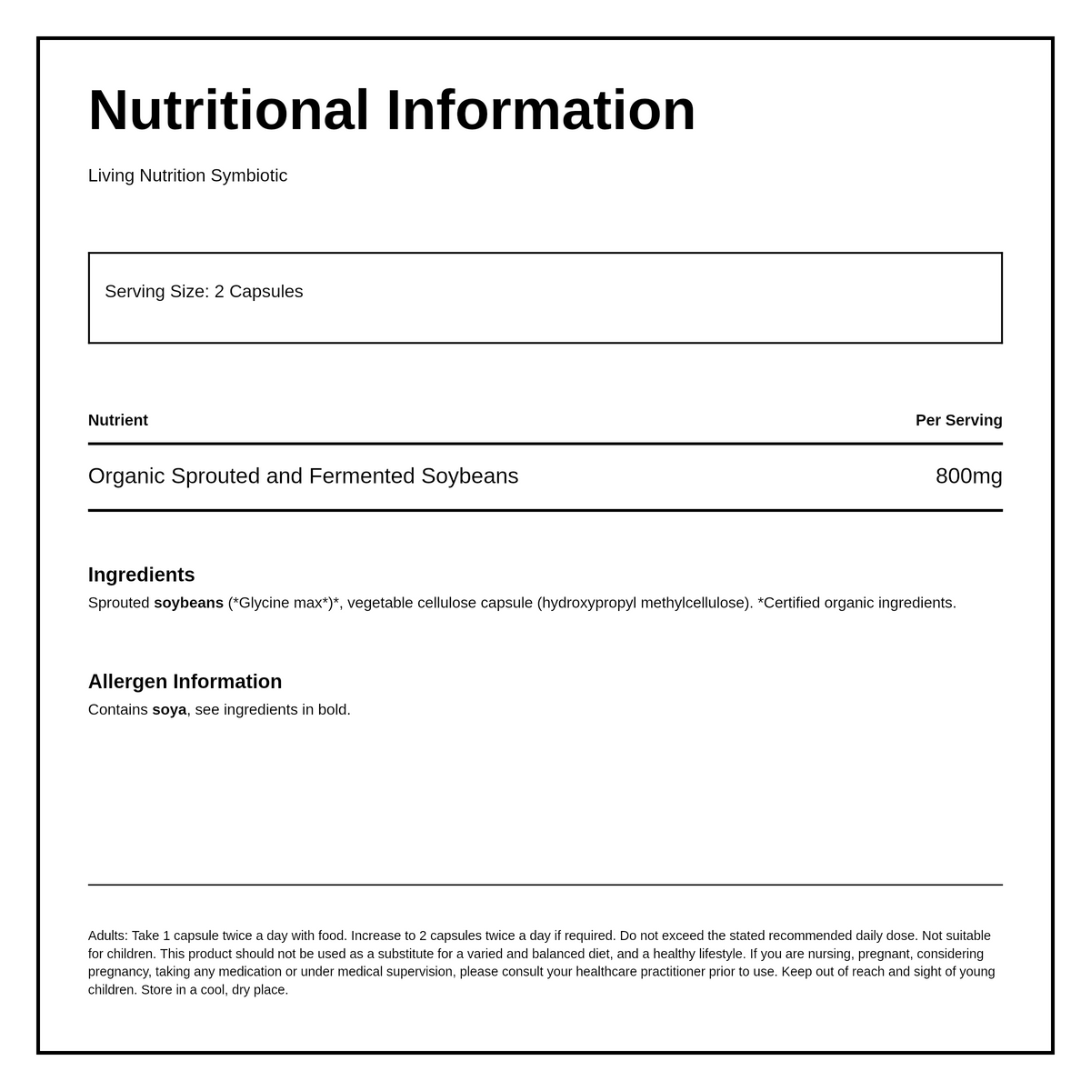 Living Nutrition Organic Fermented Symbiotic Capsules — nutrition information panel, generated from the pack