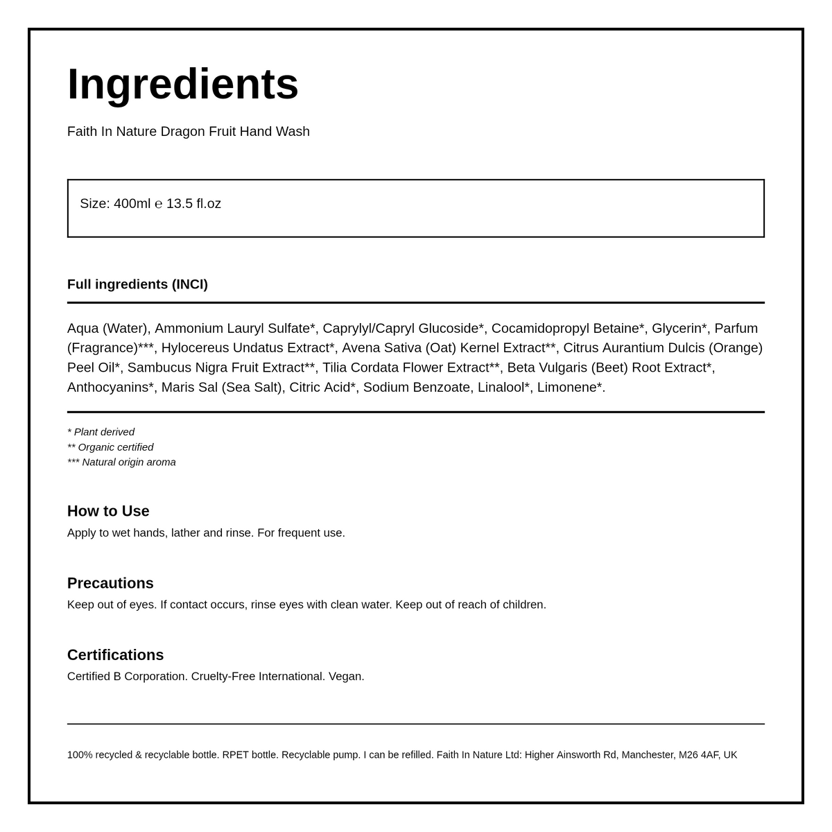 Faith in Nature Dragon Fruit Hand Wash — ingredients (INCI) panel, generated from the pack