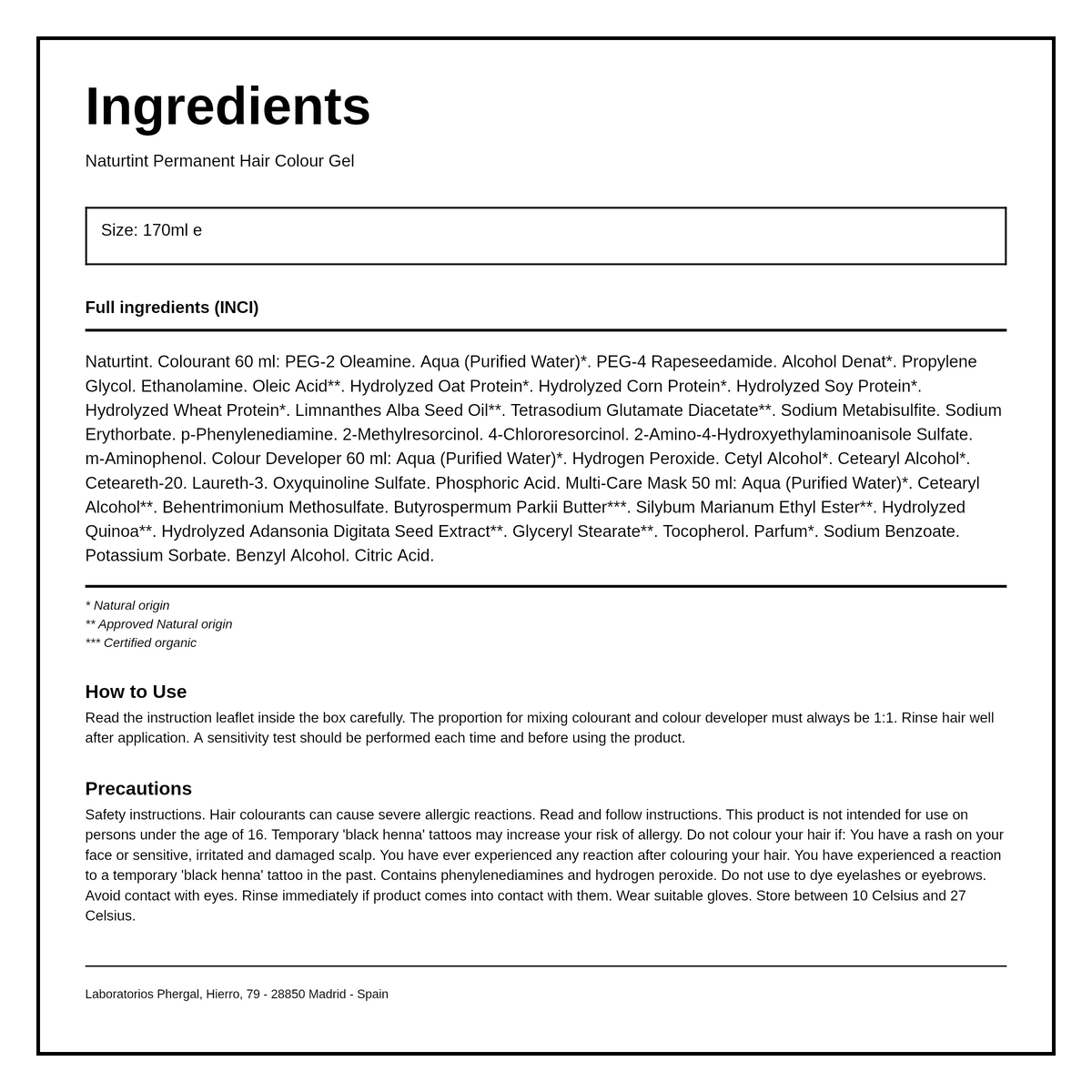 Naturtint Permanent Hair Colourant Hazelnut Blonde 7N 170ml — ingredients (INCI) panel, generated from the pack