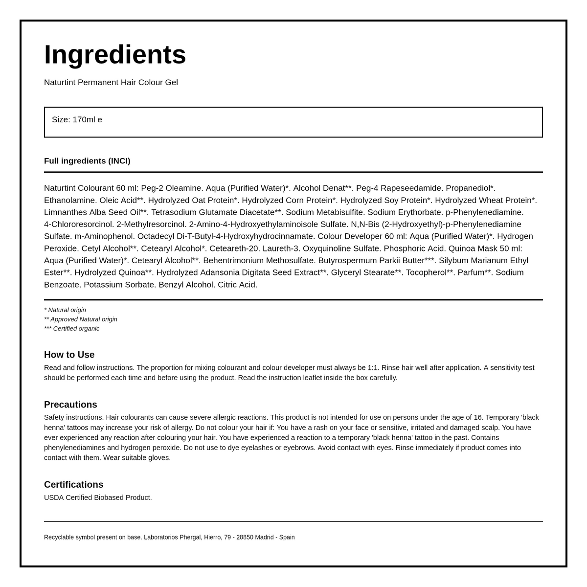 Naturtint Permanent Hair Colourant Ash Blonde 8A — ingredients (INCI) panel, generated from the pack