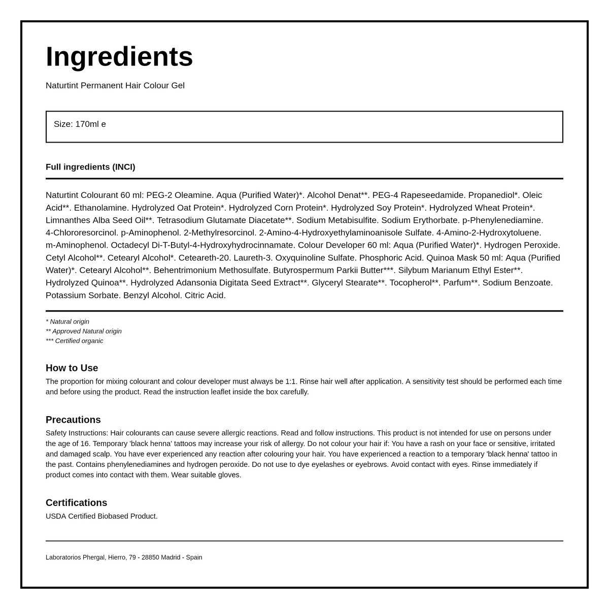 Naturtint Permanent Hair Colourant Light Golden Chestnut 5G 170ml — ingredients (INCI) panel, generated from the pack
