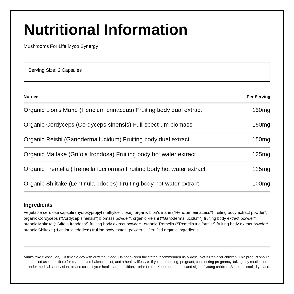 Organic Myco Synergy Capsules — nutrition information panel, generated from the pack