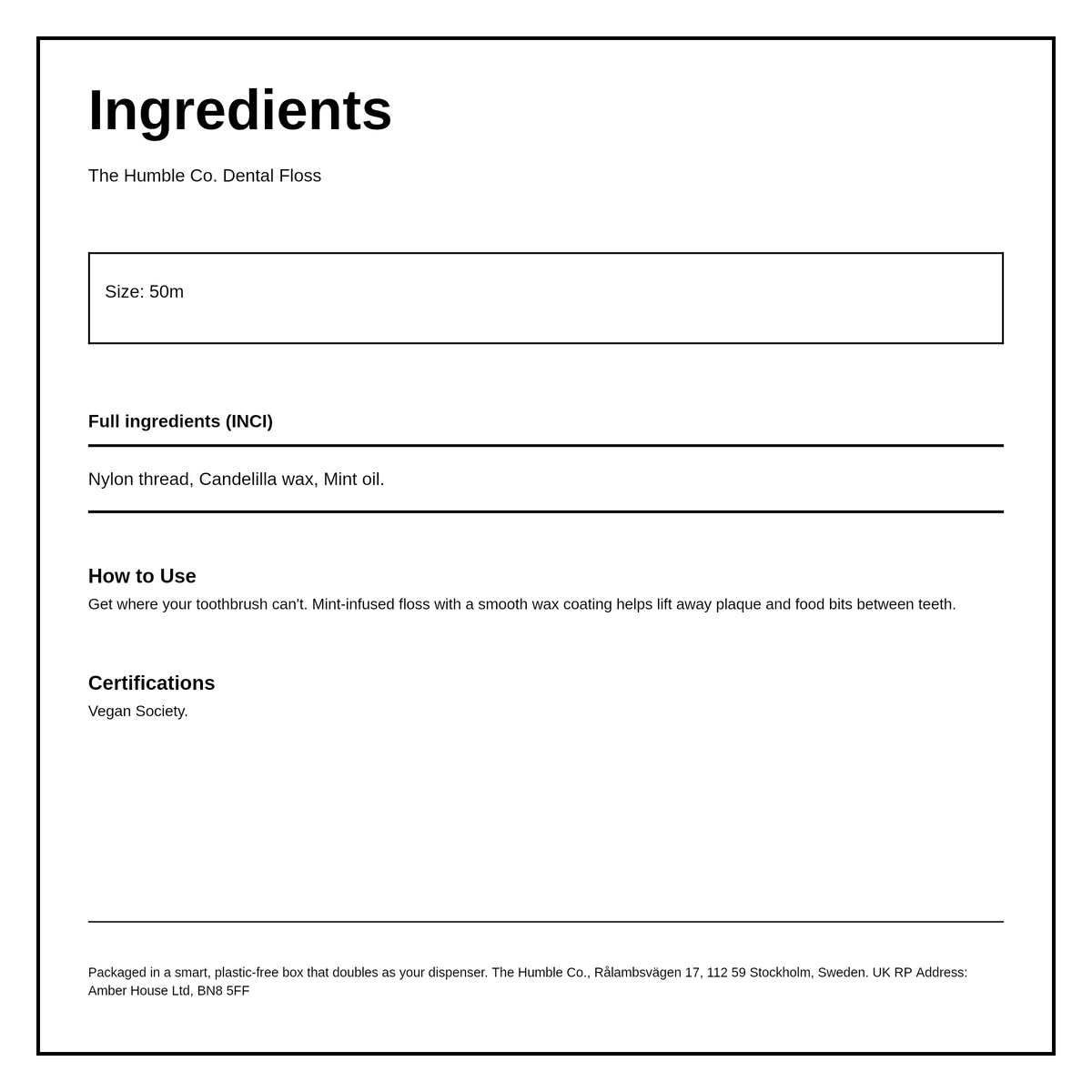 Humble Brush Humble Dental Floss Fresh Mint 50m — ingredients (INCI) panel, generated from the pack
