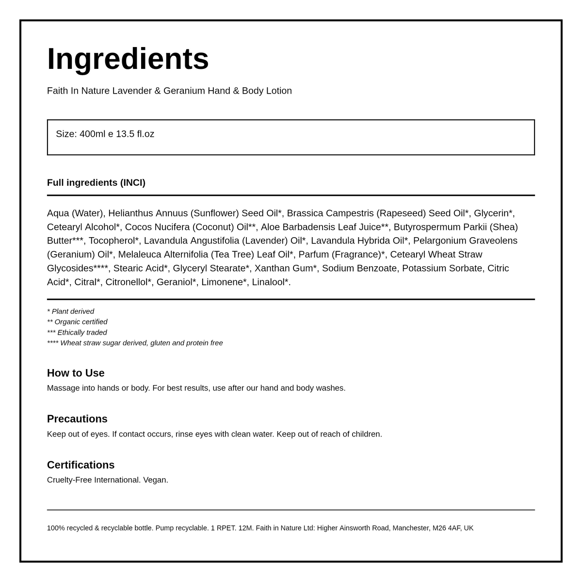 Faith in Nature Lavender & Geranium Hand & Body Lotion — ingredients (INCI) panel, generated from the pack