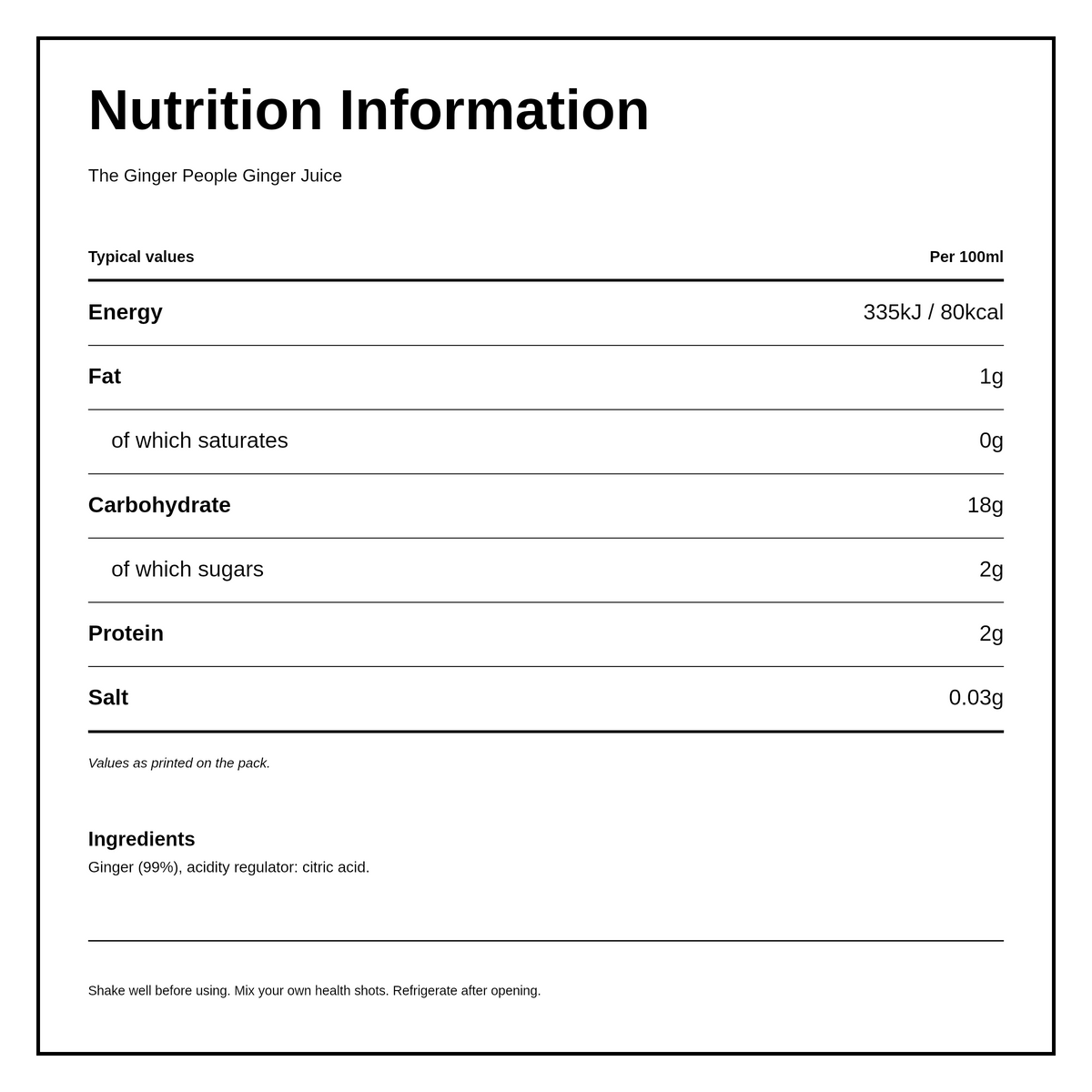The Ginger People Organic Ginger Juice — nutrition information panel, generated from the pack