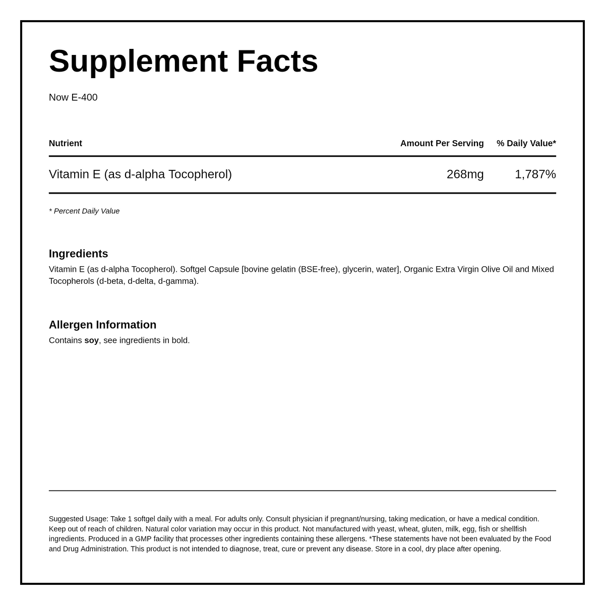 NOW Vitamin E-400 50 softgels — nutrition information panel, generated from the pack