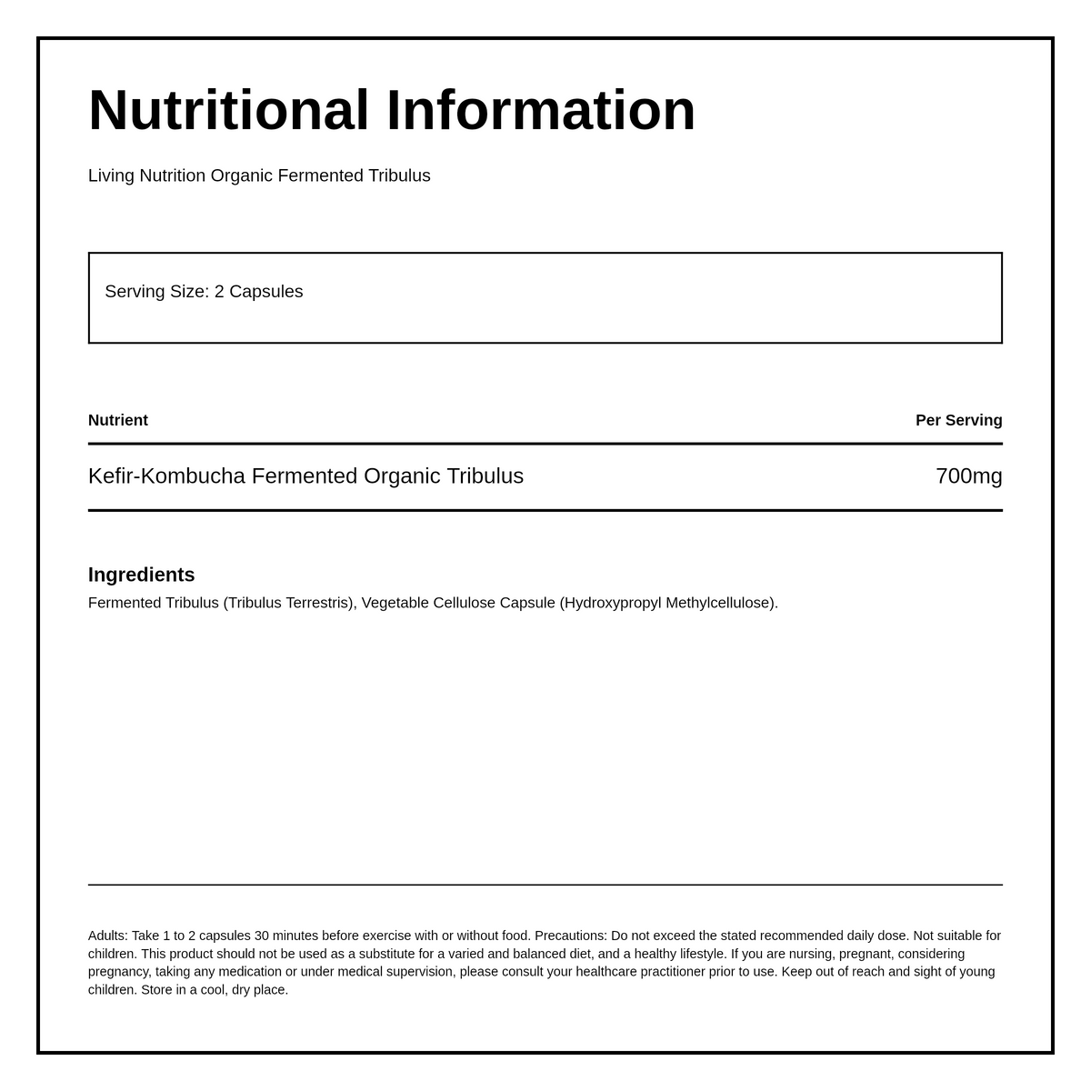 Living Nutrition Organic Fermented Tribulus 60 Capsules — nutrition information panel, generated from the pack