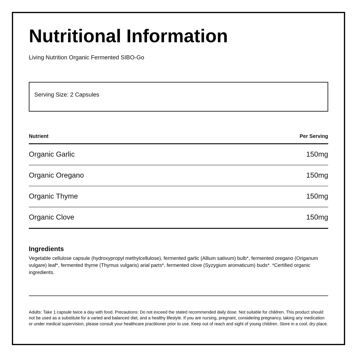 Living Nutrition Organic Fermented SIBO-Go 60 Capsules — nutrition information panel, generated from the pack