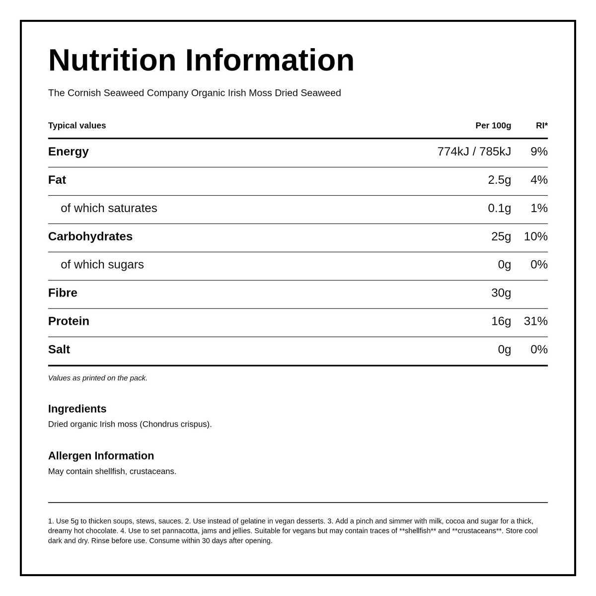 The Cornish Seaweed Company Organic Dried Irish Moss — nutrition information panel, generated from the pack