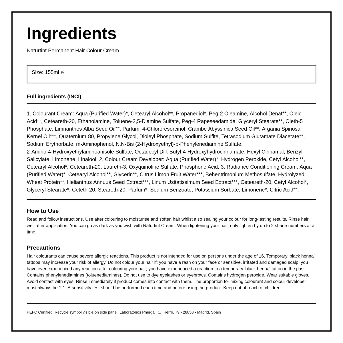 Naturtint Hair Colour Cream 1N Ebony Black — ingredients (INCI) panel, generated from the pack
