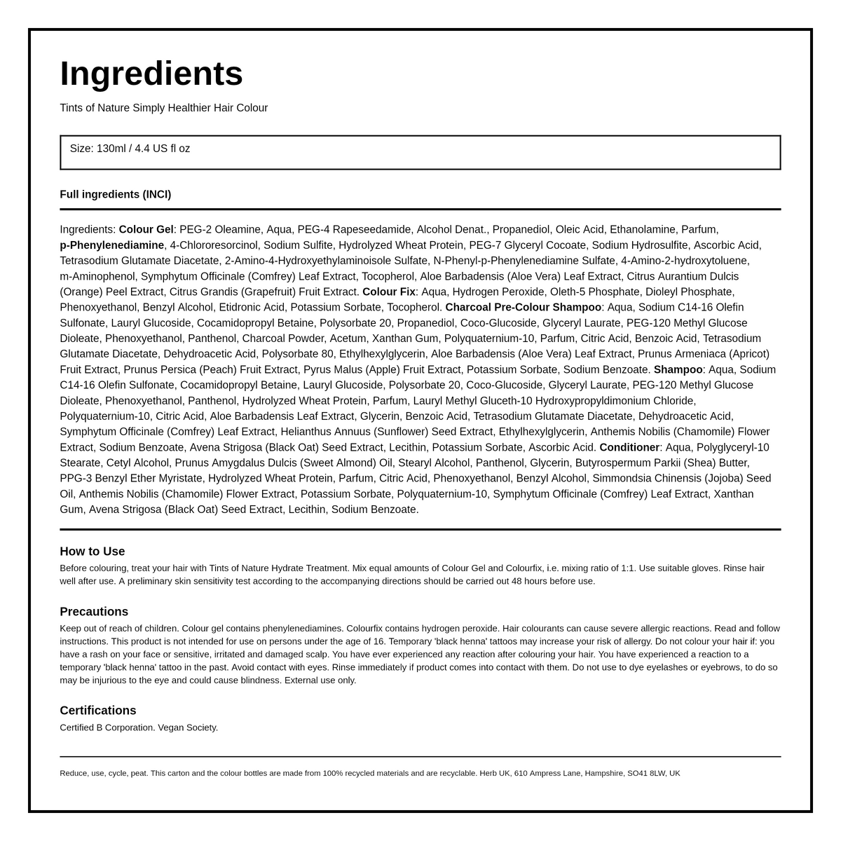 Tints of Nature 2N Natural Darkest Brown — ingredients (INCI) panel, generated from the pack