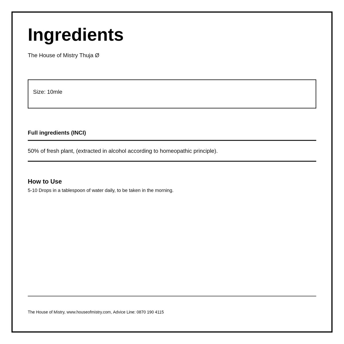 Mistry Thuja Tincture — ingredients (INCI) panel, generated from the pack