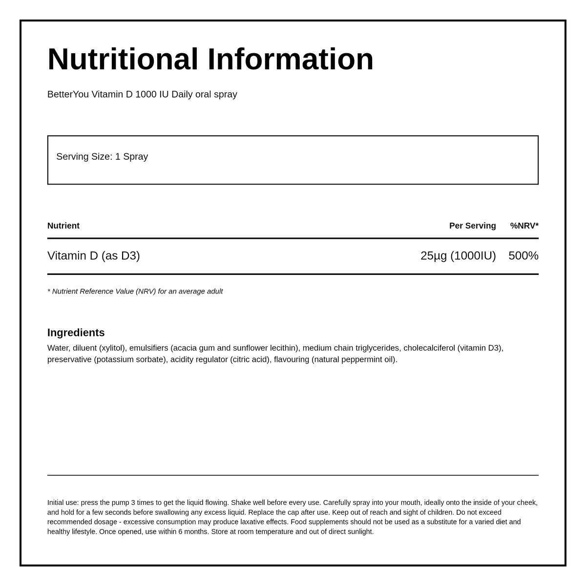 BetterYou D1000 Vitamin D Daily Oral Spray — nutrition information panel, generated from the pack