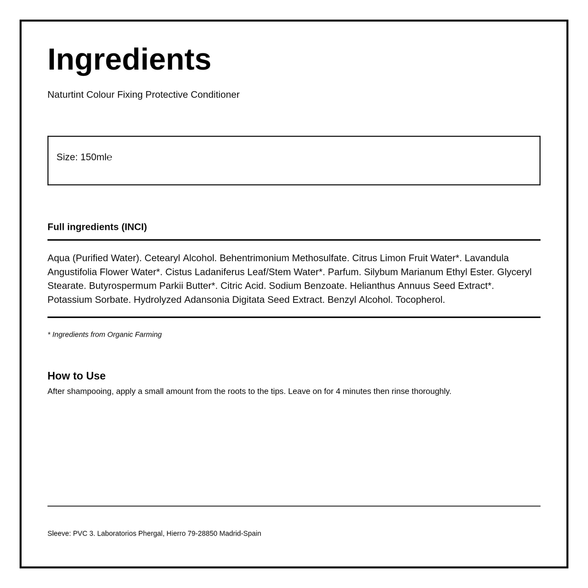 Naturtint Colour Fixing Protective Conditioner — ingredients (INCI) panel, generated from the pack