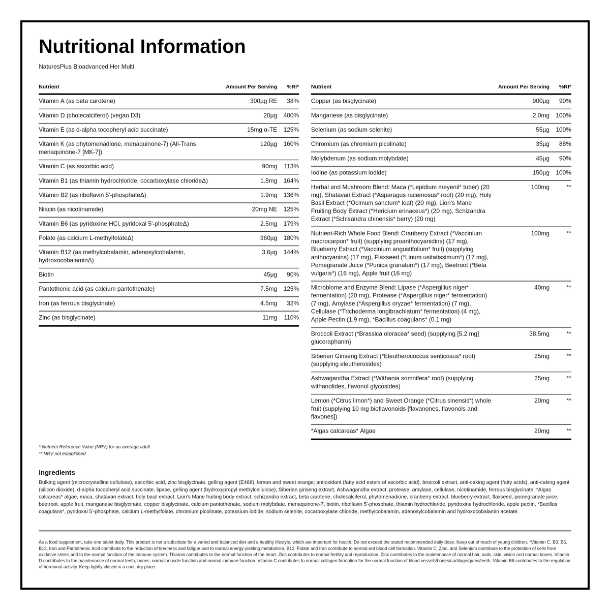 Natures Plus Her Journey Once Daily Multi — nutrition information panel, generated from the pack