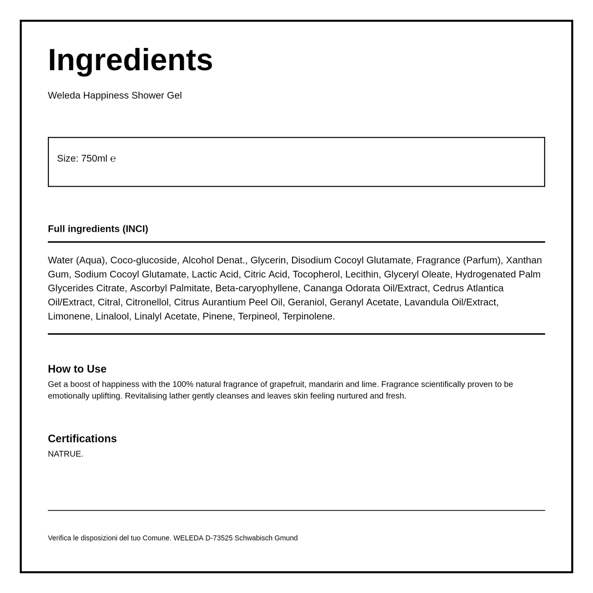 Weleda Happiness Shower Gel Grapefruit — ingredients (INCI) panel, generated from the pack